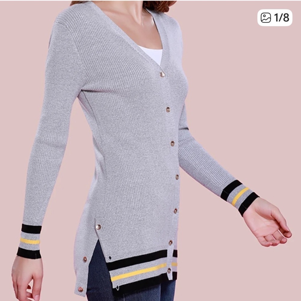Dolce Cabo Gray Ribbed V-Neck Cardigan with Black and Yellow Stripe Trim